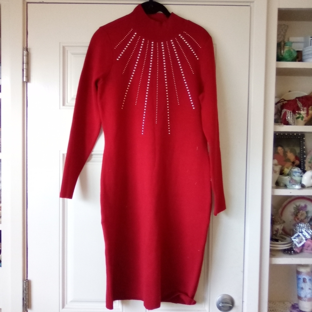 NEW Haley Lyn Red Knit Dress Gold Bead Trim Medium